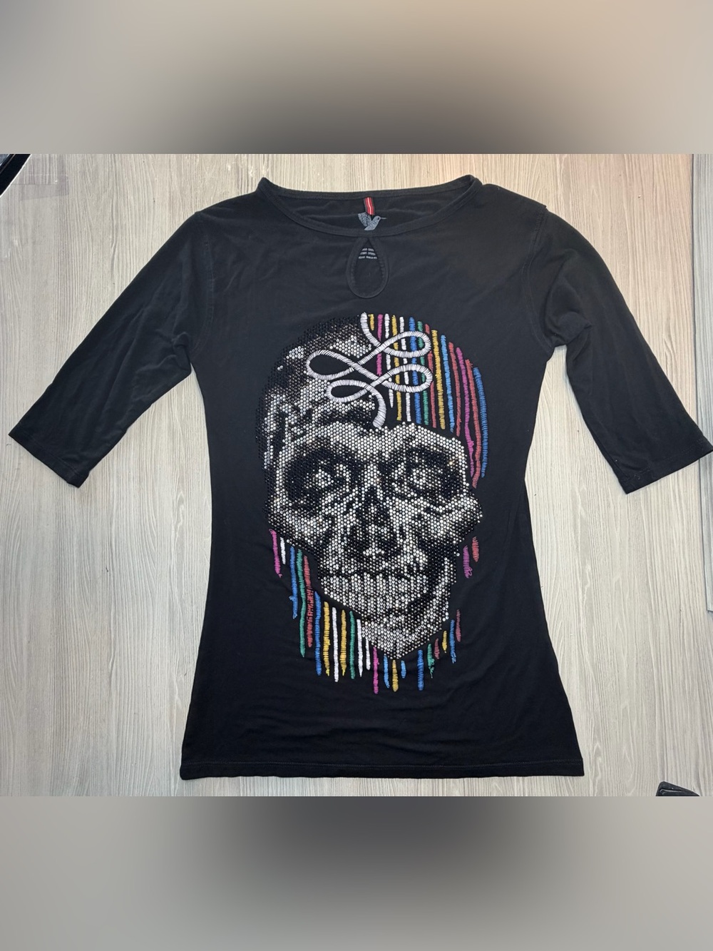 Black Pirate Skull Graphic Top Rhinestone Studded 3/4 Sleeve Y2K Grunge Small